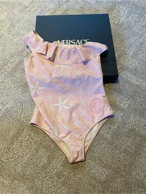 Kids girls Versace Pink Starfish Ruffle One-Shoulder Swimsuit size 10